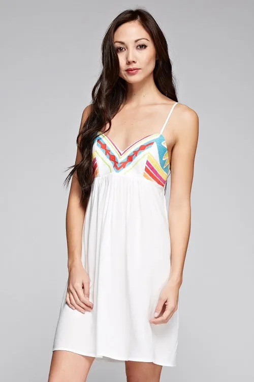 Vibrant Embroidered Bust Sleeveless Mini Dress