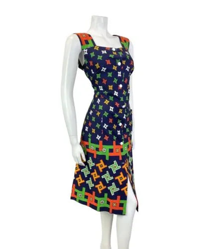 VINTAGE 60s 70s BLUE RED GREEN GEOMETRIC MOD SLEEVELESS DRESS 14