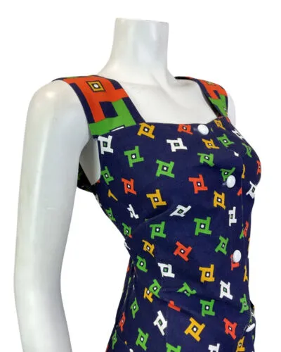 VINTAGE 60s 70s BLUE RED GREEN GEOMETRIC MOD SLEEVELESS DRESS 14