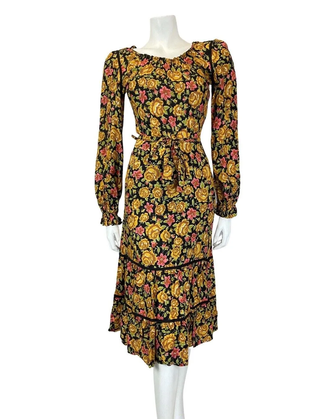 VINTAGE 60s 70s GOLD BLACK PINK FLORAL ROSE BOHO PRAIRIE LONGSLEEVE MIDI DRESS 6