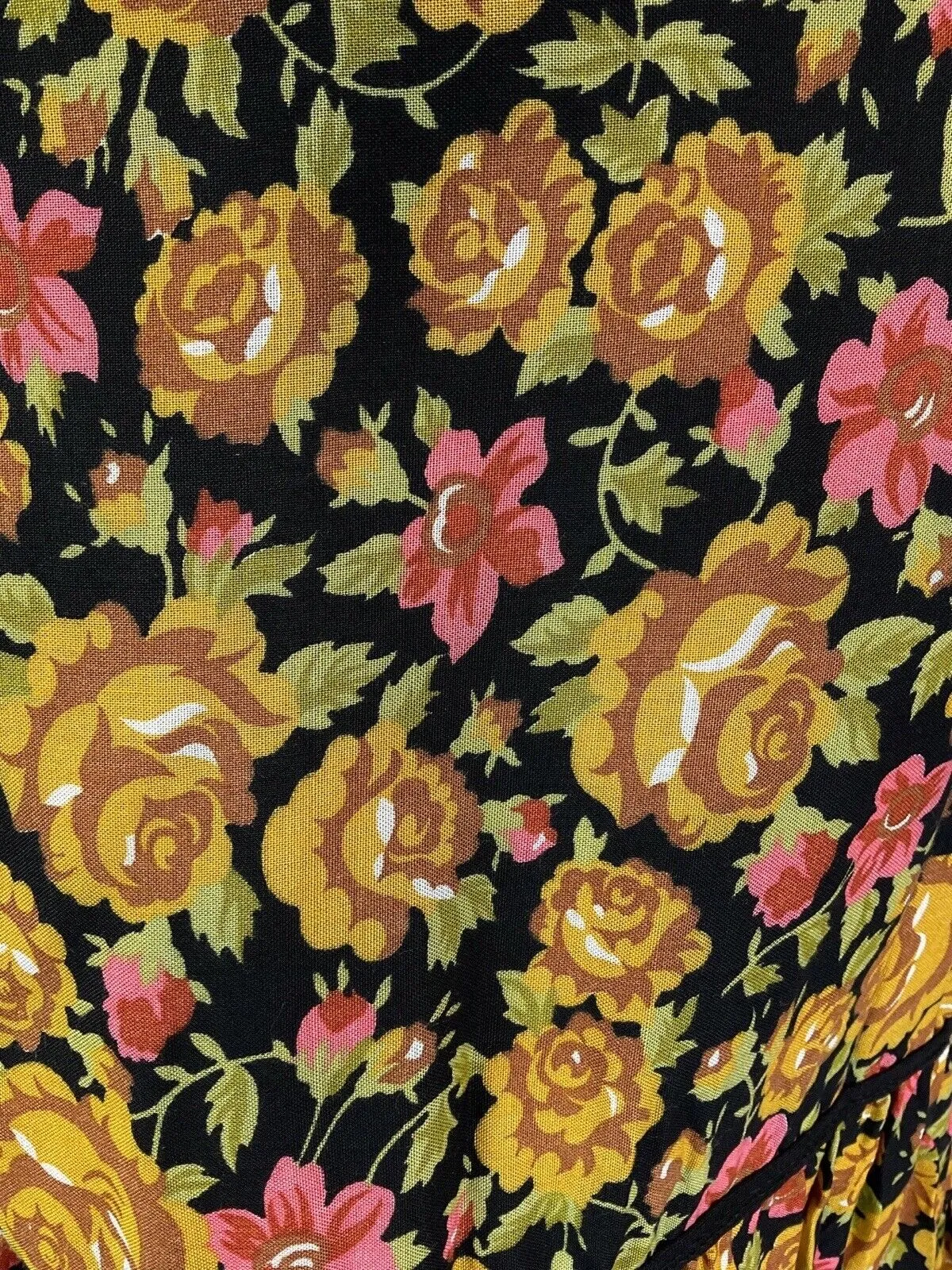 VINTAGE 60s 70s GOLD BLACK PINK FLORAL ROSE BOHO PRAIRIE LONGSLEEVE MIDI DRESS 6