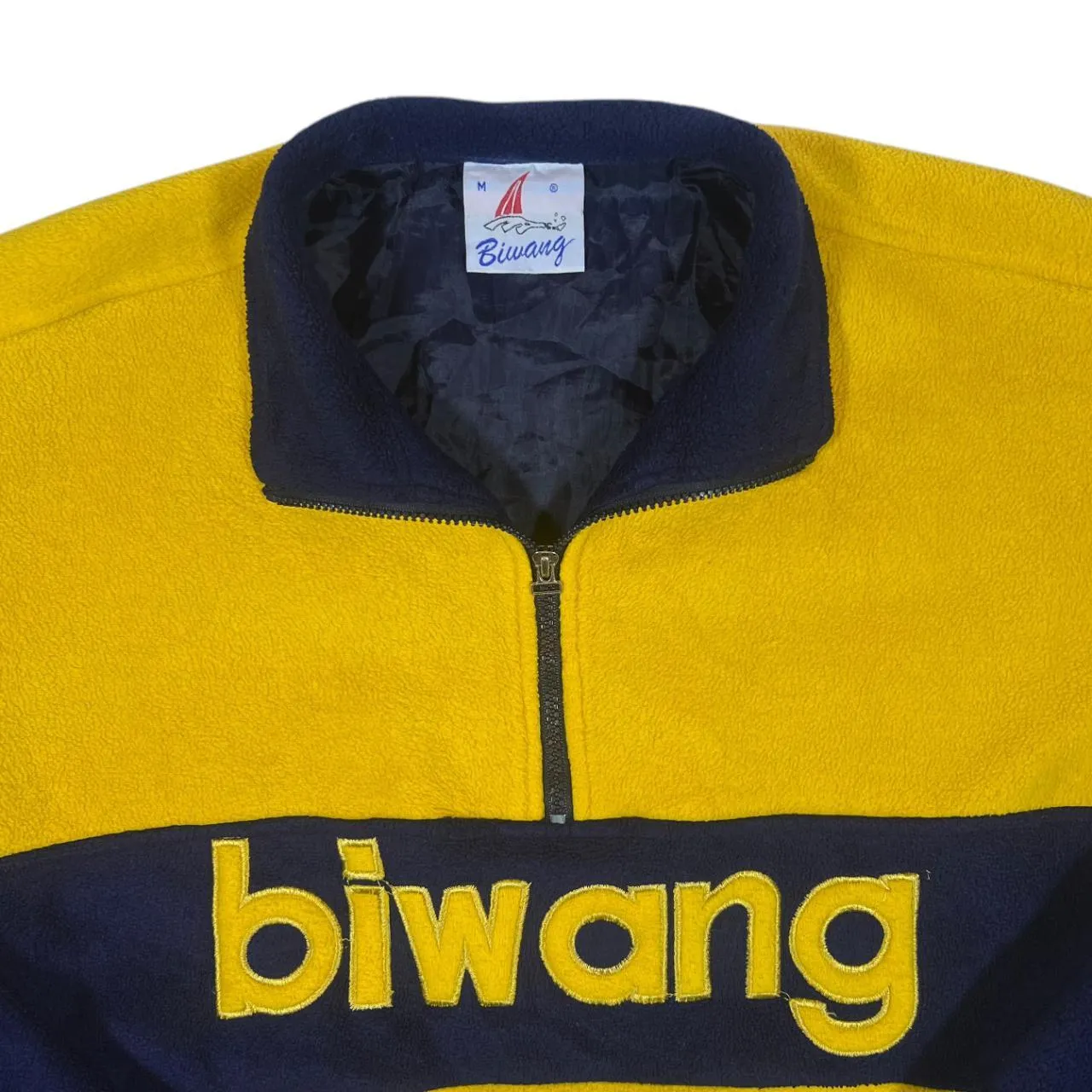 Vintage BIWANG Embroidered Big Spellout Colour Block 1/2 Zip Pullover Fleece Sweatshirt