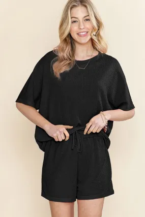Waffle Knit Casual Textured Tee and Drawstring Shorts Set