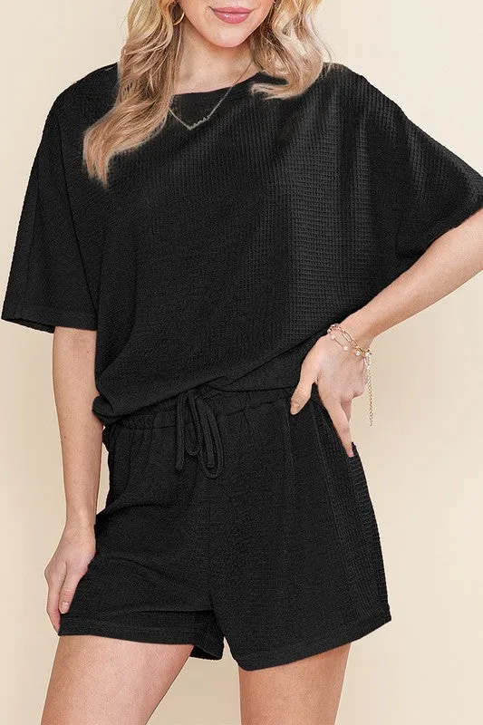 Waffle Knit Casual Textured Tee and Drawstring Shorts Set