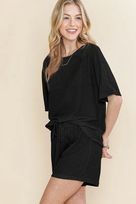 Waffle Knit Casual Textured Tee and Drawstring Shorts Set