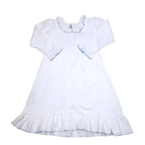 White Pleated Gown w/ Blue Picot Trim