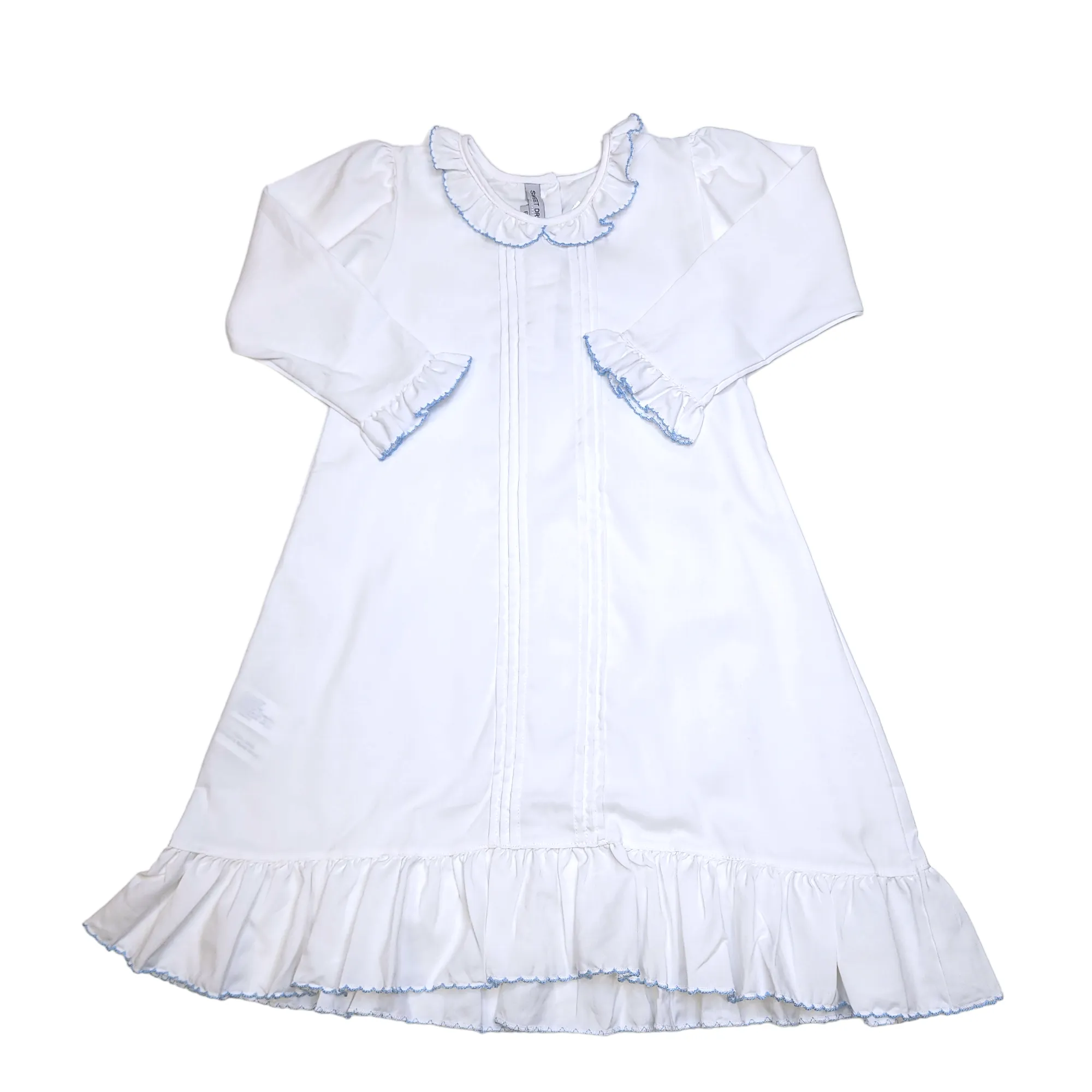 White Pleated Gown w/ Blue Picot Trim