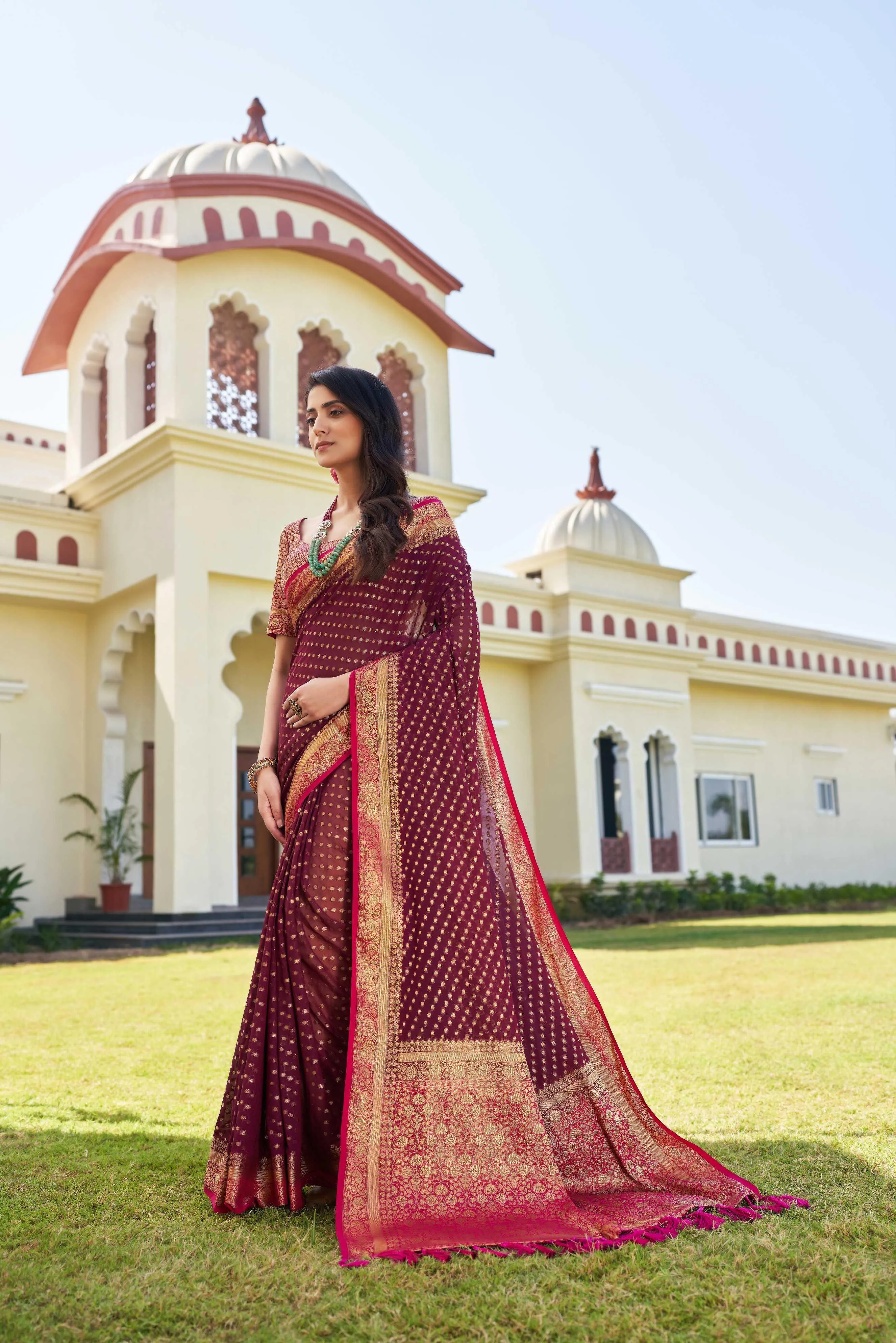 Wine & Pink Pure Georgette Saree