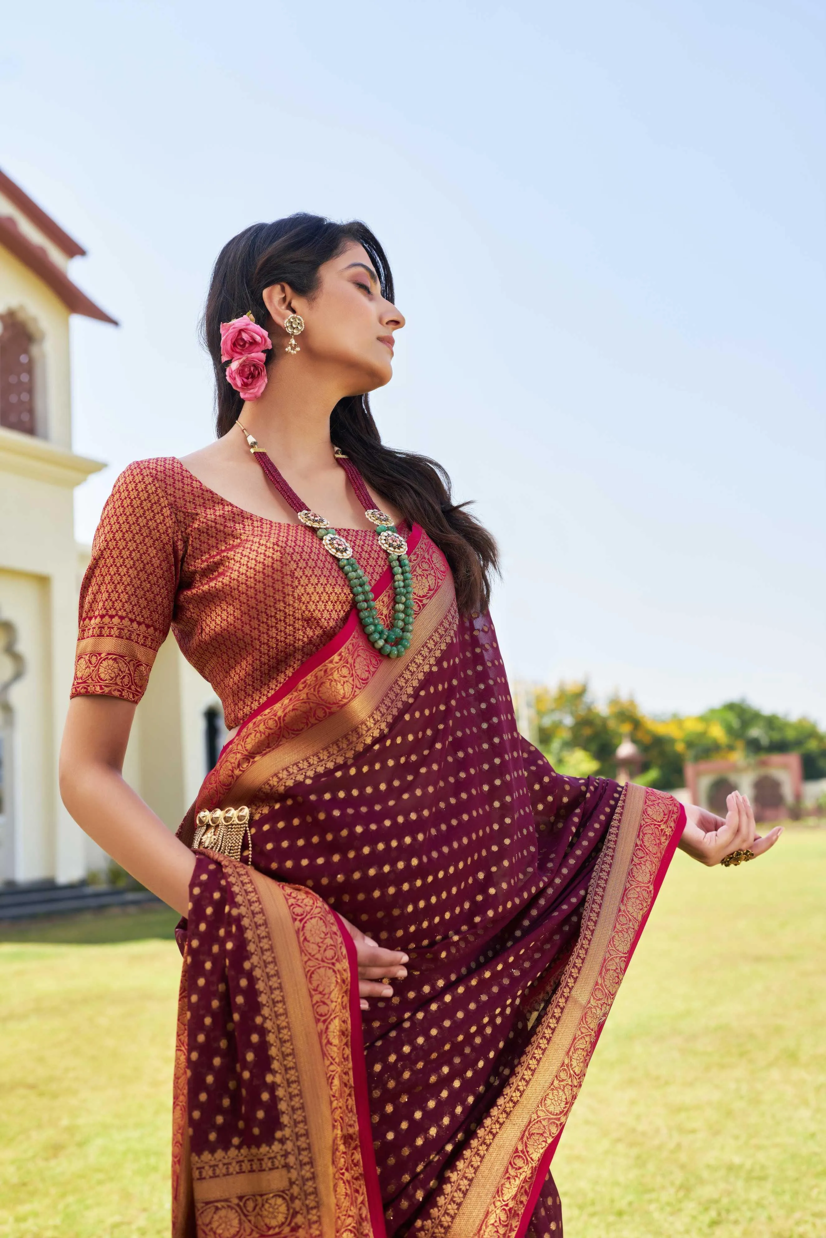 Wine & Pink Pure Georgette Saree