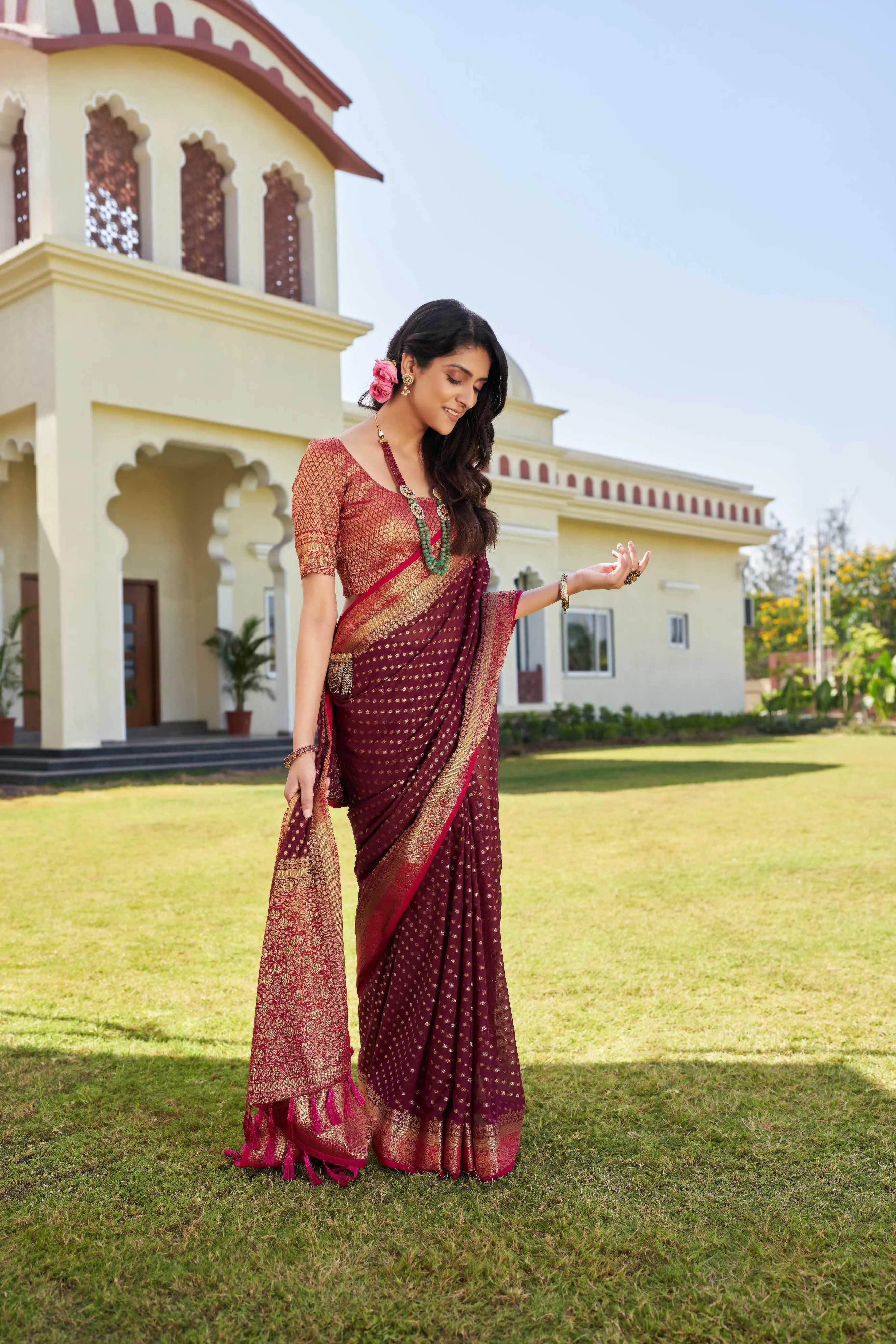 Wine & Pink Pure Georgette Saree