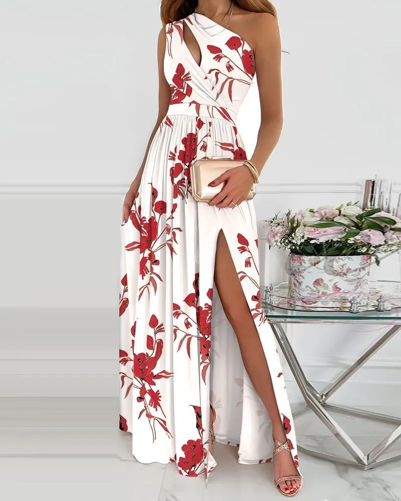 Women's diagonal shoulder hollowed out temperament printed stitched  dress