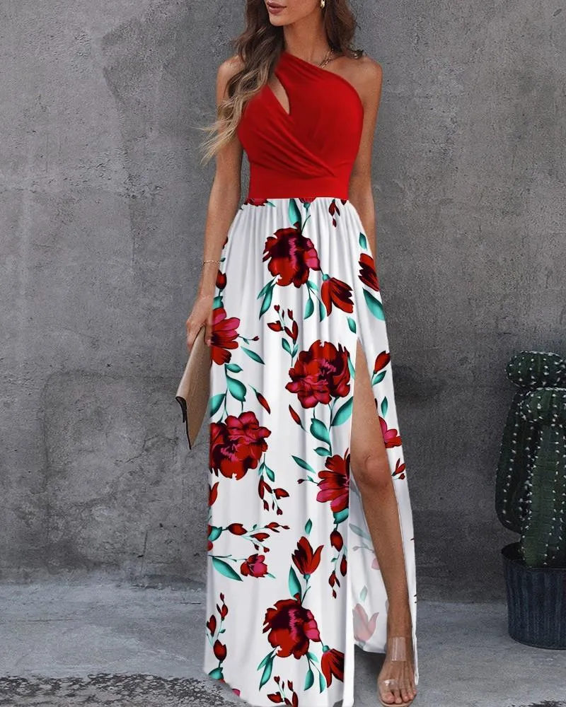 Women's diagonal shoulder hollowed out temperament printed stitched  dress