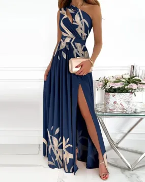 Women's diagonal shoulder hollowed out temperament printed stitched  dress