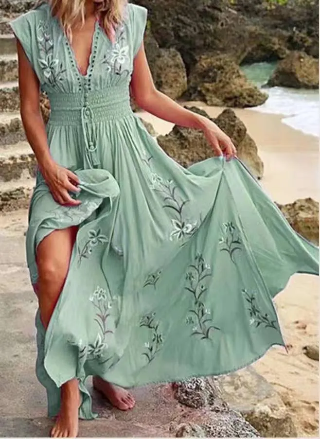 Women's V-Neck Sexy French Beach Boho Print Dress